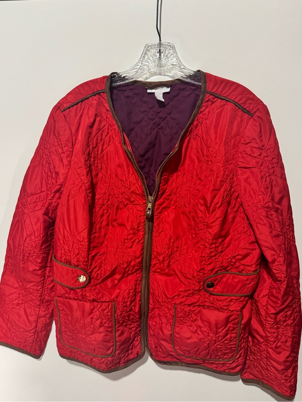 Charter Club Quilted Barn Jacket Red Brown Trim Equestrian Women’s XL